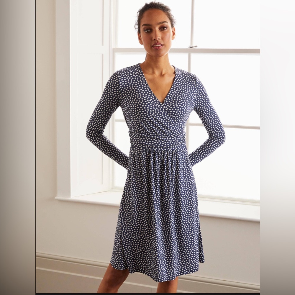 Boden “Layla” Navy Polka Dot Faux Wrap Dress, Size 14R, gently loved!